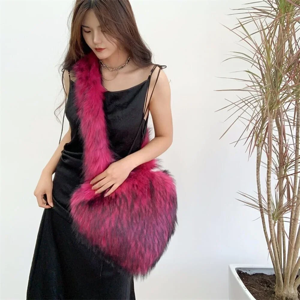 Women's Rose Red Heart Shaped Fluffy Plush Faux Fur Imported Chic Handbag